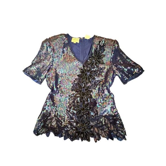 Stenay Tops - VTG Stenay Sequin Beaded Floral Top Women’s Size Small Blue Black Short Sleeve